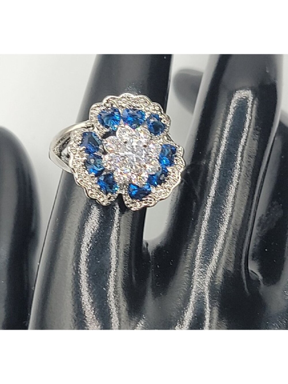 Sterling Silver Crystal Flower Ring Blue Clear Stones 925 Ruffled Petals SZ 9 - Picture 5 of 16